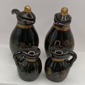 Redware Clay Mini Vinegar Oil CRUET & Salt Pepper SHAKERS Dark Brown Gold Vtg